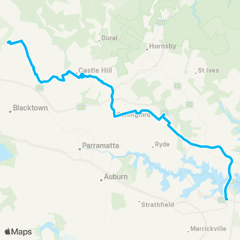 Sydney Buses Network Tallawong to City Town Hall via Macquarie Pk (Night Service) map