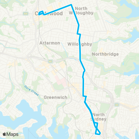 Sydney Buses Network Chatswood to N Sydney Sta (Loop Service) map