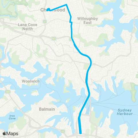 Sydney Buses Network Chatswood to City QVB (Loop Service) map