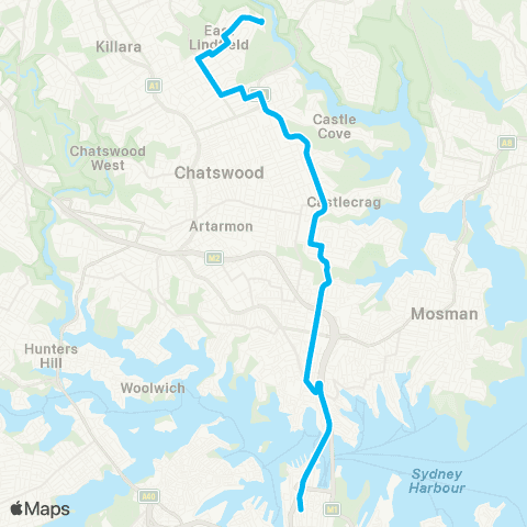 Sydney Buses Network E Lindfield to City Bridge St via N Sydney map