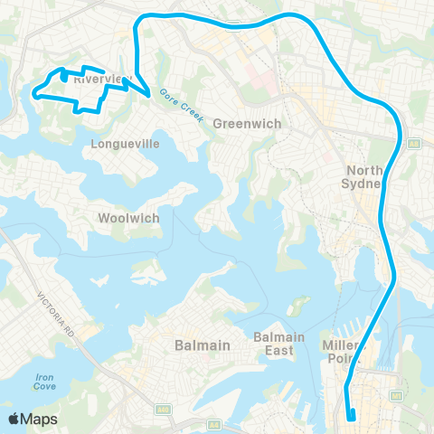 Sydney Buses Network Riverview to City Wynyard via Freeway map