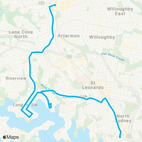 Sydney Buses Network Lane Cove to N Sydney via Longueville map