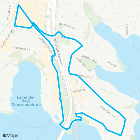 Sydney Buses Network N Sydney to Milsons Point via Kirribilli (Loop Service) map