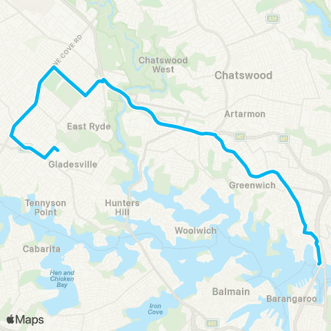 Sydney Buses Network Ryde to Milsons Point via St Leonards & N Sydney map