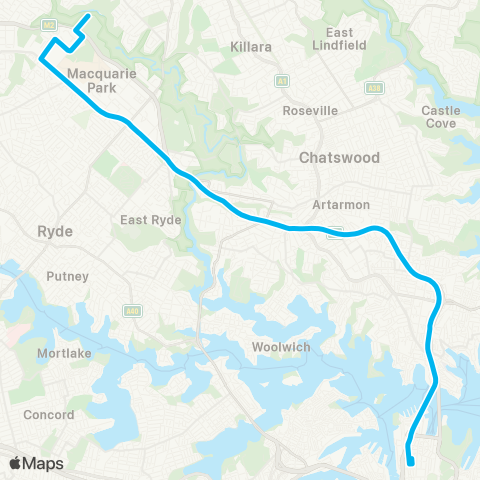 Sydney Buses Network Marsfield to City Wynyard via Ln Cove Tunnel map