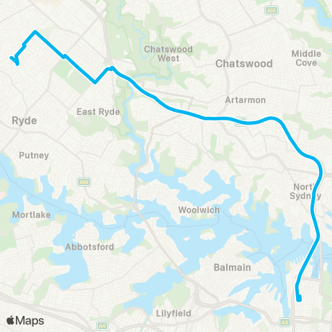 Sydney Buses Network Denistone E to City Wynyard via Ln Cove Tunnel map