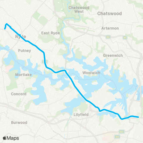 Sydney Buses Network W Ryde to City Hyde Pk via Victoria Rd (Exp Service) map