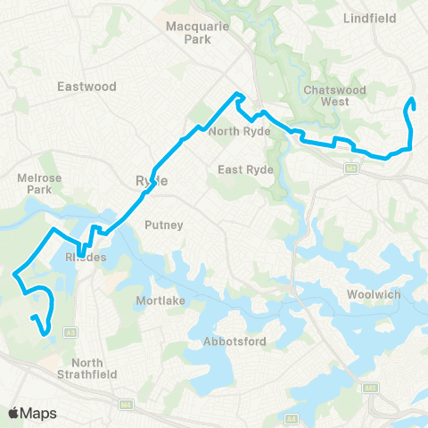 Sydney Buses Network Sydney Olympic Pk to Chatswood via Rhodes & N Ryde map