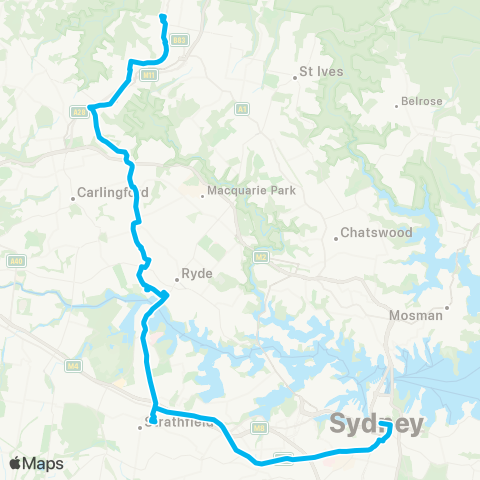 Sydney Buses Network Hornsby to City Town Hall via Strathfield (Night Service) map