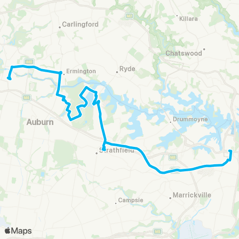Sydney Buses Network Parramatta to City Town Hall via Sydney Olympic Pk (Night Service) map