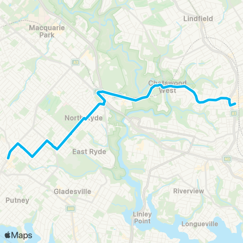 Sydney Buses Network Top Ryde City to Chatswood via N Ryde map