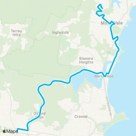 Sydney Buses Network Bayview Garden Village to Narrabeen and Frenchs Forest map