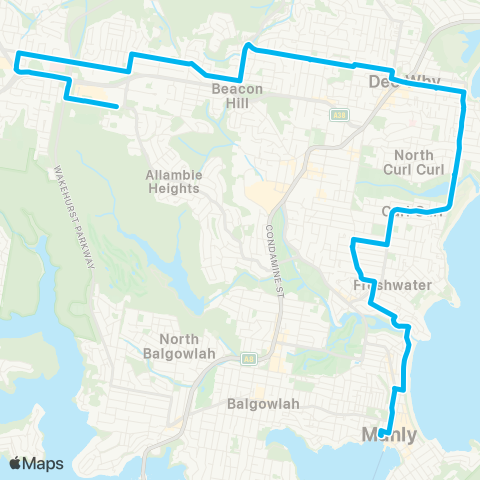 Sydney Buses Network Frenchs Forest to Manly via Dee Why Bch map