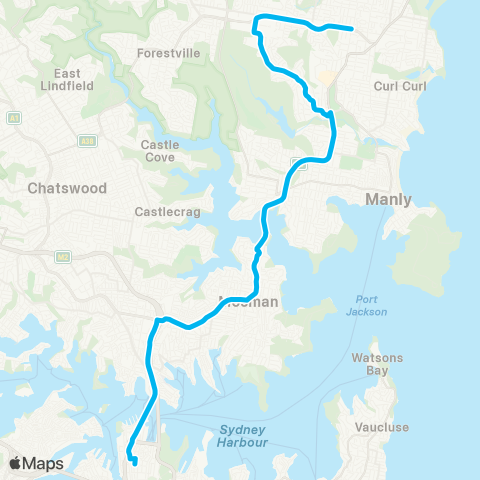 Sydney Buses Network Narraweena to City Wynyard (Exp Service) map