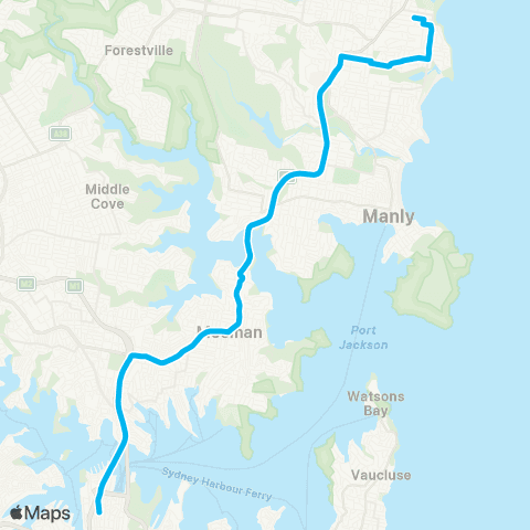 Sydney Buses Network Dee Why to City Wynyard via N Curl Curl (Exp Service) map