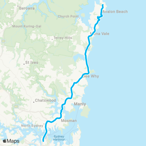 Sydney Buses Network N Avalon to City Wynyard (Exp Service) map
