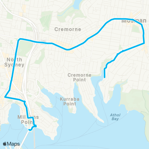 Sydney Buses Network Mosman Wharf to Milsons Point via N Sydney map