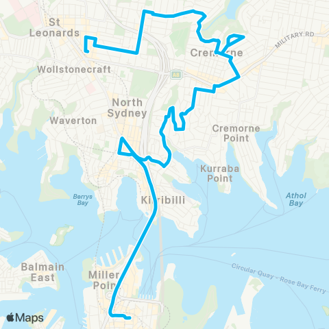 Sydney Buses Network Crows Nest to City Bridge St via Cremorne map
