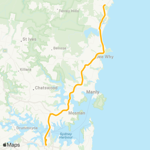 Sydney Buses Network B-Line Mona Vale to City QVB (Night Service) map