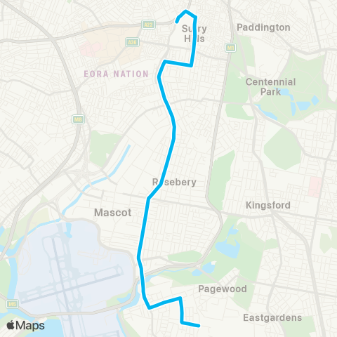Sydney Buses Network Botany to Central Railway Square map