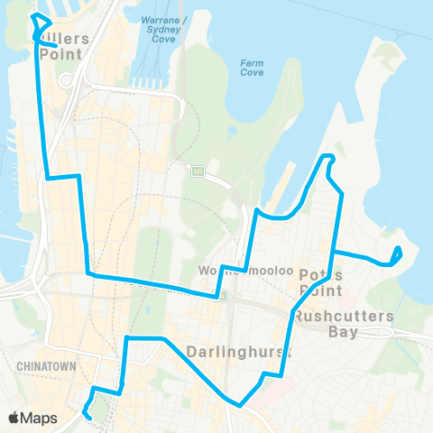 Sydney Buses Network Central Belmore Pk to City Millers Point via Darlinghurst & Potts Point map
