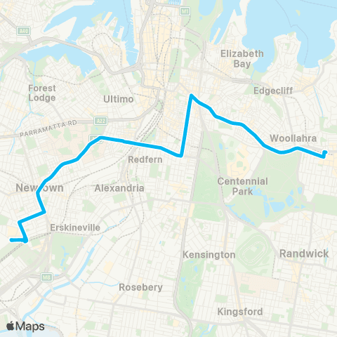 Sydney Buses Network Marrickville Metro to Bondi Jct via Oxford St, Crown St & King St map