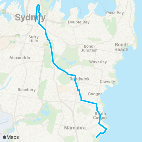 Sydney Buses Network Maroubra Bch to City Museum via S Coogee (Exp Service) map