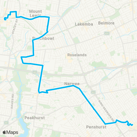 Sydney Buses Network Bankstown to Hurstville via Riverwood map
