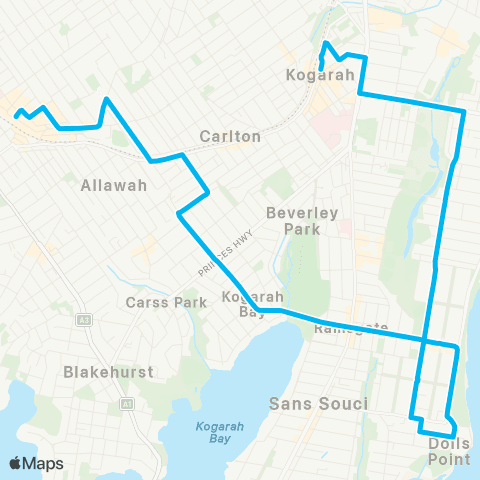 Sydney Buses Network Kogarah to Hurstville via Dolls Point map