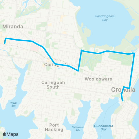 Sydney Buses Network Cronulla to Miranda via Woolooware Bay map