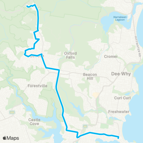 Sydney Buses Network Austlink to Manly via Frenchs Forest & Seaforth map