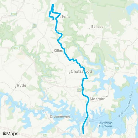 Sydney Buses Network St Ives to City QVB (Express Service) map