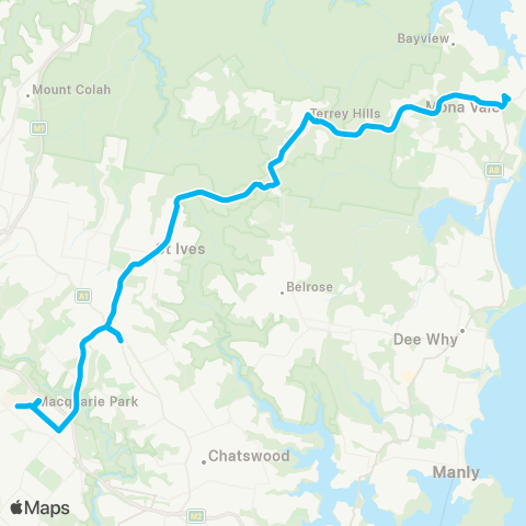 Sydney Buses Network Mona Vale to Macquarie Univ via Gordon map