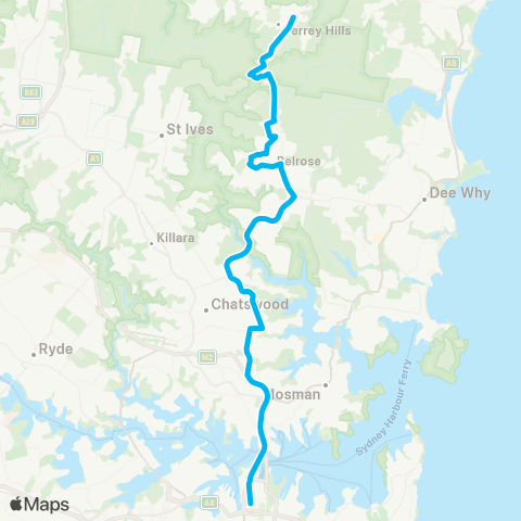 Sydney Buses Network Belrose to City QVB map
