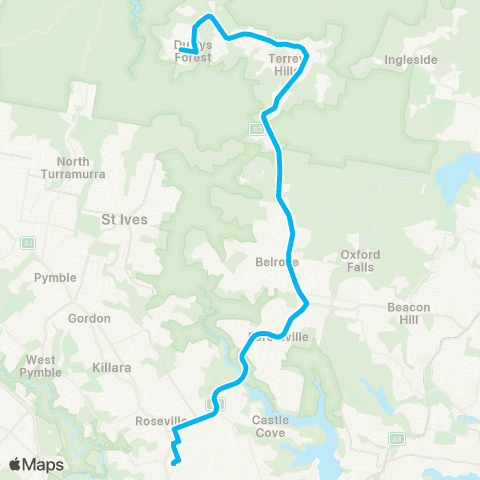 Sydney Buses Network Duffys Forest to Terrey Hills & Chatswood map
