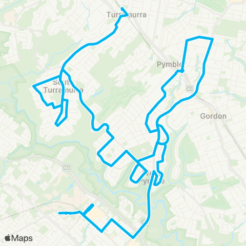 Sydney Buses Network Turramurra to Macquarie Univ via S Turramura & W Pymble map
