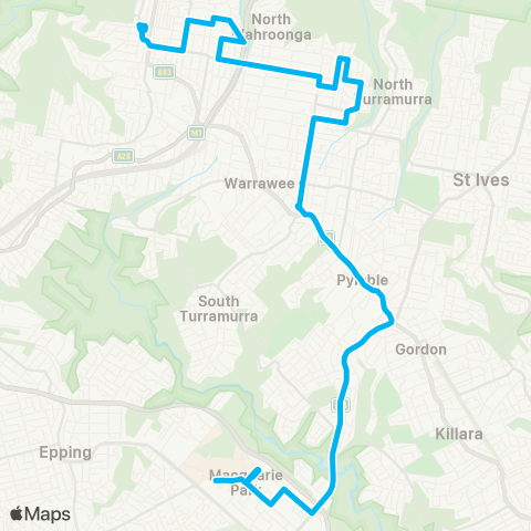 Sydney Buses Network Hornsby to Macquarie Univ via Turramurra map