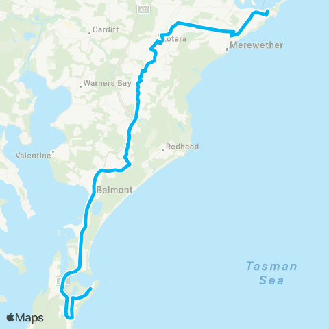 Hunter Buses Network Swansea Heads to Newcastle via Belmont, Charlestown & Kotara map