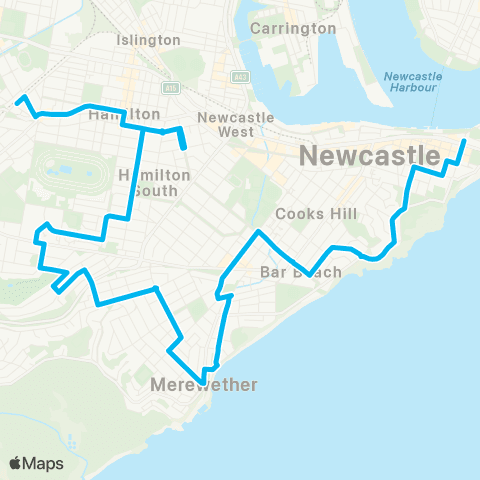 Hunter Buses Network Broadmeadow to Newcastle via Merewether map