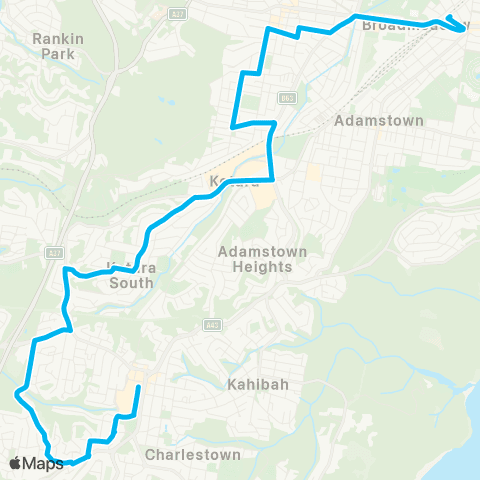 Hunter Buses Network Charlestown to Broadmeadow via Kotara map