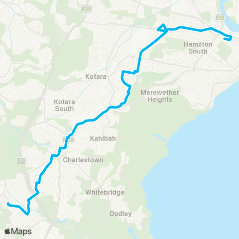 Hunter Buses Network Mt Hutton to Newcastle W via Broadmeadow & Newcastle Interchange map
