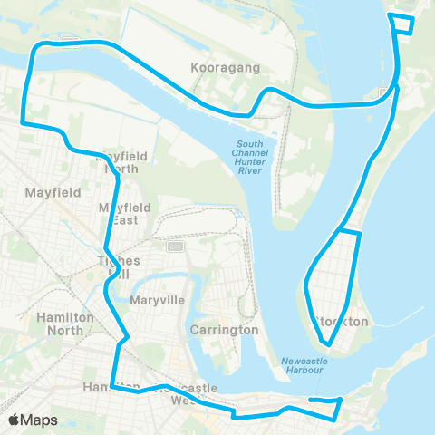 Hunter Buses Network Stockton to Newcastle (Night Service) map