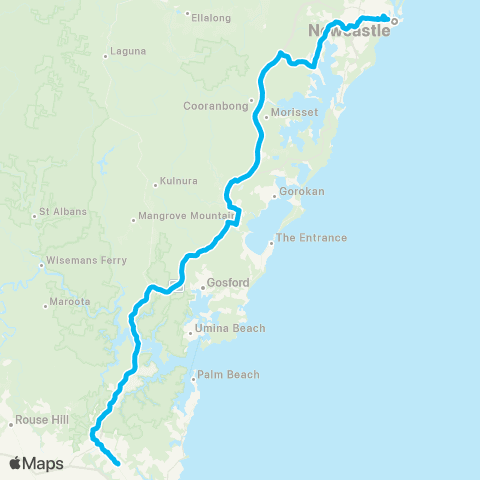 Temporary buses Gordon, Hornsby, Berowra, tuggerah, Wyong, Morisset, Fassifern, Cardiff, Broadmeadow, all to Newcastle map