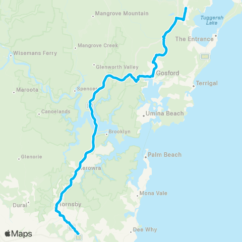 Temporary buses Gordon, Hornsby, Berowra, Gosford, then all stations to Wyong map