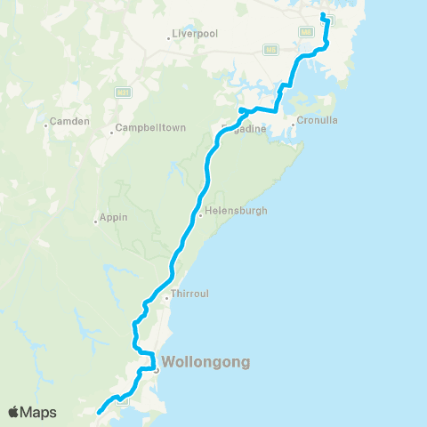 Temporary buses Central, Sutherland, Waterfall, N Wollongong, Wollongong then Dapto map