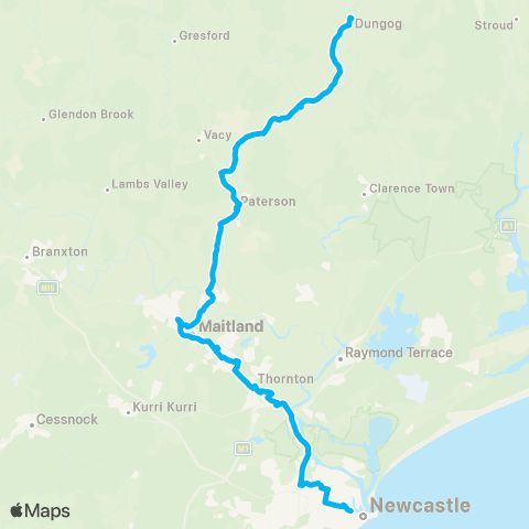 Temporary buses Newcastle Interchange, then all Sta to Warabrook, Beresfield, then all stations to Victoria St, Maitland, then all stations to Dungog map