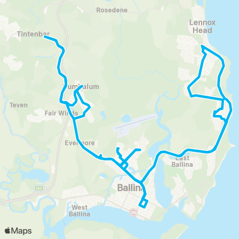 School buses Ballina to Xavier Catholic, Ballina Coast, Teven-Tintenbar Schools map