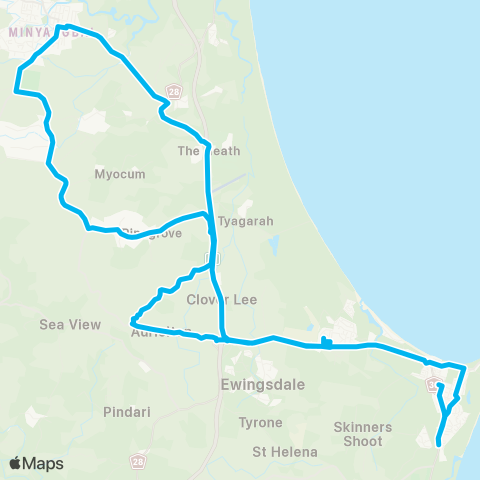School buses Byron Bay Schools to Byron Bay via Mullumbimby and Ewingsdale map