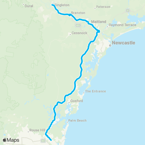 Temporary buses Gordon, Hornsby, Berowra, Beresfield, Thornton, Victoria St, Maitland, then all to Singleton map