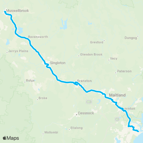 Temporary buses Newcastle, Warabrook, Beresfield, all to Victoria St, Maitland, Lochinvar, all to Muswellbrook map